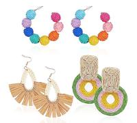 NICENEEDED 3 par de Aretes Colgantes de Aro de Ratán Coloridos, Pendientes Bohemios con Cuentas de Mimbre Y Paja Arcoiris, Pendientes de Rafia Ligeros Llamativos, Joyería de Playa de Moda de Verano pa