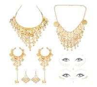 NICENEEDED 6 pieza Conjunto de Joyería para Danza Del Vientre, Monedas de Oro Tocado Pendientes Collar Pulsera, Cara Tatuajes Temporales Tocado de la India