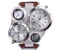 NICERIO Reloj de pulsera para hombre con esfera grande, correa de piel auténtica, doble zona horaria, reloj deportivo analógico de cuarzo con brújula de termómetro, Café oscuro, 27*6cm, Japonés