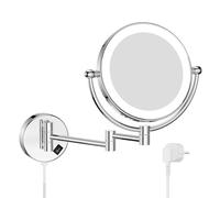 Nicesail Espejo Aumento 10x con Luz Espejo Maquillaje Pared Cromo - Fuerte Efecto de Aumento - Marco Fino - con Enchufe - Brazo Extensible - Doble Cara,Diámetro 20 cm
