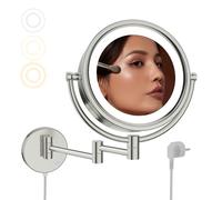 Nicesail Espejos de Aumento para Baño con Luz Espejo Maquillaje Pared 10x - 3 Colores de Luz - Extensible - Doble Cara - Níquel Cepillado,Diámetro 20 cm
