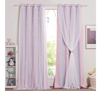 NICETOWN - Cortina Opaca con Cortinas Blancas para Dormitorio Infantil, diseño de Estrellas con Ojales, 132 x 240 cm, Rosa + púrpura, 2 Piezas