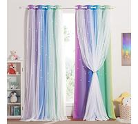 NICETOWN Cortinas Opacas 2 Piezas Cortinas Infantiles Niño/Niña Cortinas Dobles con Estrellas Huecas y Gasa de Red para Habitacion Dormitorio, 132x260 cm, Arco Iris Oscuro