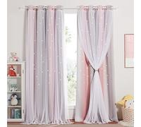 NICETOWN - Cortinas Opacas con Visillo Blanco Decorativo Cortinas para niños, Dormitorio con Forma de Estrellas Perforadas, 132 x 260 cm, Rosa y Gris, Juego de 2
