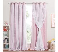 NICETOWN Cortinas Opacas Infantiles Niña Cortinas Termicas Aislantes Frio y Calor con Ojales Cortinas Dobles con Estrellas Huecas y Gasa de Red, 2 Piezas, 132x213 cm, Rosa Claro