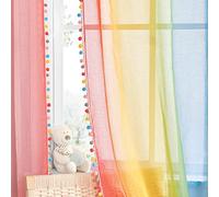 NICETOWN Cortinas Salon Transparentes 2 Piezas Cortinas Degradadas para Habitacion Infantil Cortinas y Visillos con Pompones de Colores Cortinas Dormitorio Niña, 132x220 cm(AnchoxAlto)