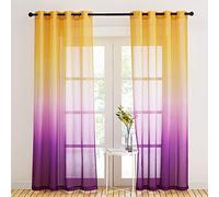 NICETOWN Cortinas Salón Visillos - Velo de Lino Efecto Natural Decoración para Dormitorio Luminoso Filtrar Ambiente Elegante Media Transparente, 140 x 245, Amarillo/Violeta, 2 PC