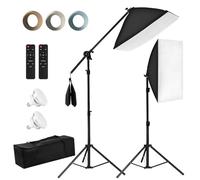 Niceveedi Kit de luz de fotografía de 50 x 70 cm, paquete de 2 cajas de luz de 2700 K-6500 K con bombillas de 85 W y brazo de brazo de 150 cm, luz de video con 2 trípodes de 203 cm, para grabación de