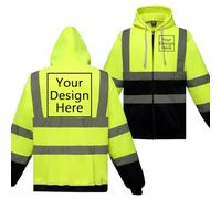 Nicevhljac Sudadera con capucha para hombre de alta visibilidad con cremallera y tiras reflectantes, ropa de trabajo cálida de seguridad, añade tu propio diseño, Amarillo-azul marino, XXL
