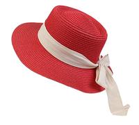 NiceYnn Sombrero de playa de ala ancha para mujer, con lazo blanco, con lazo, paja, informal, para mujer, con parte superior plana, para navegante, iglesia, al aire libre, E lazo blanco y rojo, Talla