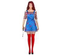 Niceyoeuk Disfraz de Halloween para mujer, asesino de pesadilla espeluznante, muñeca Wanna Play, figura de película, bodysuit, muñeco Chucky, juego de disfraz de cosplay 2 piezas, I-blue, 46
