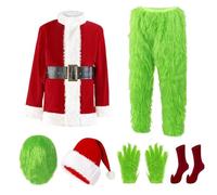 Niceyoeuk Disfraz de monstruo verde navideño, How The Green Monster Stole Christmas 7 piezas, incluye máscara para Halloween, Navidad, divertido disfraz de cosplay (verde, L)