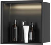 Nicho de ducha de acero inoxidable con luz LED, diseño de inserción de pared para almacenamiento de baño, no requiere azulejos, acabado negro mate, fácil instalación, ahorra espacio