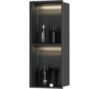 Nicho de ducha de acero inoxidable con luz LED, diseño de inserción de pared para almacenamiento de baño, no requiere azulejos, acabado negro mate, fácil instalación, ahorra espacio