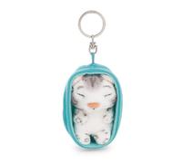 NICI 63161 Sleeping Pets - Llavero Leopardo de Las Nieves, 8 cm, en su cestita, Multicolor, Fiel acompañante de Peluche para Mochila o Bolso, Llavero para pequeños y Mayores