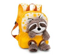 NICI mochila infantil amarilla 2 en 1 con mapache de peluche 25cm - Mochila para guardería niñas y niños - Zona lumbar suave y correas ajustables - 49846