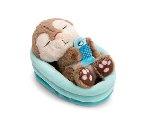 NICI peluche nutria con pez 12cm durmiendo en cesta azul - gris - Peluche suave, lindo para abrazar y jugar, para niños y adultos, una excelente idea de regalo - 61582
