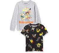 Nickelodeon Big Nick 90's Retro 2-Piece Short Tee & Long Sleeve T-Shirt Bundle Set-Rugrats, Hey Arnold-Boys Sizes 4-20, Black/Heather Grey, 14-16