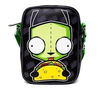 Nickelodeon Bolsa, Cross Body, Invader Zim GIR Taco Pose Con Estampado De Taco Negro Gris, Cuero Vegano, Negro -, 8.25" x 6.5"