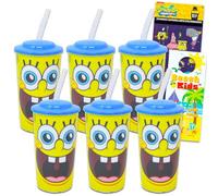 Nickelodeon Vasos reutilizables de Bob Esponja de 16 onzas para niños,recuerdo de fiesta de Bob Esponja,paquete de 6 piezas con taza de 16 onzas con tapa y popote más calcomanías para niños y niñas