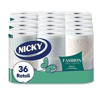 Nicky Fashion Papel higiénico de 4 capas, paquete de 36 rollos (3 x 12 rollos), 165 lágrimas por rollo, resistente decorada y suave en la piel, delicadamente perfumado con talco