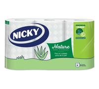 Nicky Nature Papel Higiénico, 6 Rollos, 3 Capas, 170 Servicios Por Rollo. Enriquecido Con Loción De Aloe Vera, color Blanco, 9,8 x 13cm