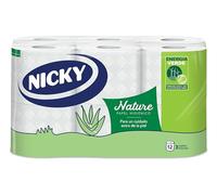 Nicky Nature Papel Higiénico - Paquete de 12 Rollos, 170 Hojas de 3 Capas, Enriquecido con Loción de Aloe Vera, Cómodo y Suave con la Piel, Embalaje Reciclable, Celulosa 100% Pura, Certificación FSC