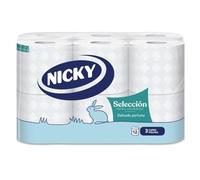 Nicky Selección Papel Higiénico - Paquete de 12 Rollos, 150 Hojas de 3 Capas, con Aroma a Talco, Papel Extrasuave Dermatológicamente Testado, Embalaje Reciclable, Celulosa 100% Pura