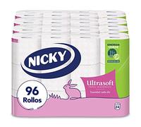 Nicky Ultrasoft Papel Higiénico, 96 Rollos, 2 Capas, 140 Servicios Por Rollo, Con Suave Y Delicado Aroma A Talco, Envase Abre Fácil, Papel 100% Certificado Fsc