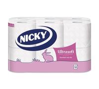 Nicky Ultrasoft Papel Higiénico - Paquete de 12 Rollos, 140 Hojas de 2 Capas, Delicado Aroma a Talco, Dermatológicamente Testado, Embalaje Reciclable, Celulosa 100% Pura