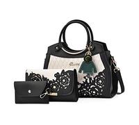 NICOLE & DORIS Bolso de 3 Piezas Bolsos de Mano para Mujer+Cartera de Mod Tarjetero Simple Bolsa de Mensajero Cuero PU Bolso Bandolera Tote Negro