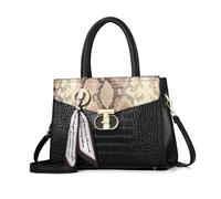 NICOLE & DORIS Bolso de Mano Mujer Elegante Bolso Tote Impermeable Bolso de Hombro Cuero PU Bolso Bandolera con Motivo de Serpiente Negro con Caqui