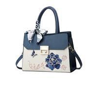 NICOLE & DORIS Bolso Mujer Bolso de Mano Elegante Bolso Bandolera Fashion Bolso de Hombro Cuero PU Bolso Tote con Flores Bordado Azul