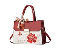NICOLE & DORIS Bolso Mujer Bolso de Mano Elegante Bolso Bandolera Fashion Bolso de Hombro Cuero PU Bolso Tote con Flores Bordado Burdeos