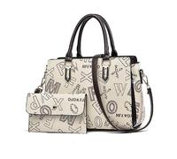 NICOLE & DORIS Bolsos de Mano Elegante Bolsos Mujer 2pcs Set Bolso Bandolera Cuero PU Bolsos de Hombro Estampado Bolsa Tote para Trabajo Viaje Beige con Café