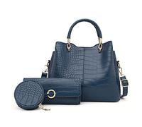 NICOLE & DORIS Bolsos de Moda Mujer Bolso y Cartera a Juego Bolso de Mano de PU Cuero Bolso Bandolera Tote Bolso de Cocodrilo Bolso Hombro 3 Piezas Azul