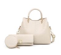 NICOLE & DORIS Bolsos de Moda Mujer Bolso y Cartera a Juego Bolso de Mano de PU Cuero Bolso Bandolera Tote Bolso de Cocodrilo Bolso Hombro 3 Piezas Beige