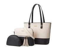 NICOLE & DORIS Bolsos Mujer Grandes Tote Bolso Simple Hombro Bolso PU Cuero Bolsos Hobo Bolso Señora Bandolera Shopper Bolso Set 3 pcs Blanco con Negro