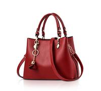 NICOLE & DORIS Damen Henkeltaschen Strukturierte Handtasche Kunstleder Umhängetasche Kleine Tote Shopper mit schönem Anhänger Rotwein