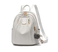 NICOLE & DORIS Mochila de Moda Mujer Bolsos Mochila Elegante de PU Cuero Mochila Antirrobo Impermeable Mochila Universitaria Grande Casual Mochila con Pompones Blanco
