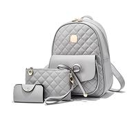 NICOLE & DORIS Mochila de Mujer Pequeña de Cuero - Set de 3 Piezas Mini Mochila Linda para Niña - Daypack y Cartera Impermeable para Viaje - Gris