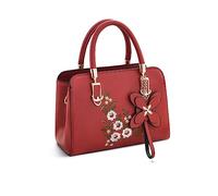 NICOLE & DORIS Pequeña Bolso Mujer Elegante Bolso de Mano con Flores Bolso Bandolera Cuero PU Bordado Bolso de Hombro Modernos Borgoña