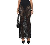 Nicoxijia Falda larga de encaje Y2K para mujer, falda larga de encaje transparente, para verano, sexy, playa, fiesta, salida de baño, ropa casual, Negro, XL