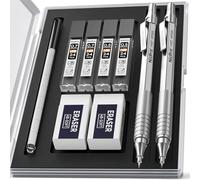 Nicpro 2 Piezas Portaminas Metal Profesional 0,5 y 0,7 mm con Estuche, Juego de lápices mecánicos, Recarga de Lápiz HB, Borradores, para Escritura Artística, Dibujo, Boceto-Plata