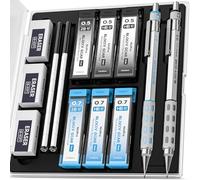 Nicpro 2 portaminas de metal con engranajes en forma de bloque con estuche, portaminas con mina de 0,5 mm y 0,7 mm con 6 tubos de recambios de mina (HB 2B), 3 borradores, 18 recambios de borrador