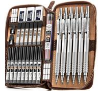 Nicpro 30 Piezas Portaminas Artísticas en Estuche de Cuero, Portaminas 0,5, 0,7, 0,9 y 2mm con 16 Recambios de tubos (6B 4B 2B HB 2H 4H color) para Dibujar Bosquejo-Plateado