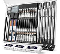 Nicpro 35 piezas Portaminas Metal en Estuche, Profesionales Lápiz Dibujo Artístico 0.5, 0.7, 0.9 y 2mm Lápices Mecánicos con 20 tubos Recargas (HB 2H 2B 4H 4B 6B 6B Colors) para Dibujar Bosquejo-Plata