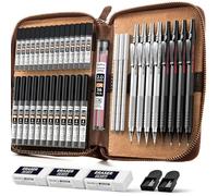 Nicpro 45 Negro y Plata Metal Portaminas en Estuche de Cuero, Arte Dibujo mechanical pencil 0,5, 0,7, 0,9 mm, 2mm de Plomo para Esbozar Dibujo con 27 Tubos (6B 4B 2B HB 2H 4H Colores)Recarga de Plomo