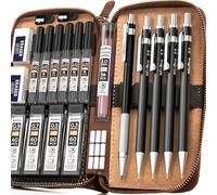 Nicpro 5 piezas lápices mecánicos negro en estuche de cuero, portaminas de 0,3 0,5 0,7 0,9 y 2 mm (6B 4B 2B HB 2H 4H), recambios de mina (negros, colores), porta minas para dibujo artístico
