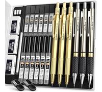 Nicpro 6 Piezas Metálica Portaminas, Profesionales 0.5 & 0.7 & 0.9 & 2mm (2B HB 2H) con Minas, Borrador, para Dibujo Redacción Escribiendo-Oro
